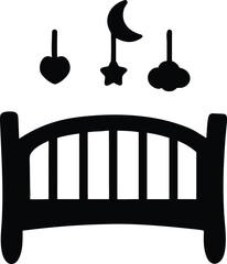 Fototapeta premium Black Silhouette Icon of a Baby Crib with Hanging Star Moon and Cloud Toys cradle baby bed