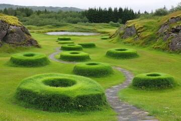 Circular grassy mounds in a landscaped valley