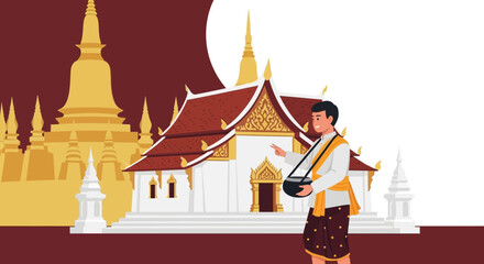 Exploring Ancient Temples A Man Visiting Historical Sites In Southeast Asia