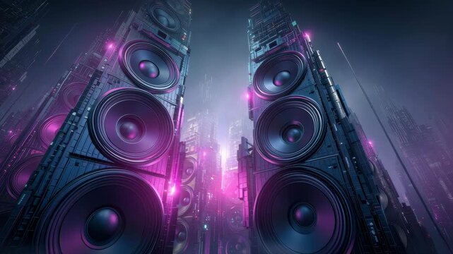 Giant speakers on a city street, blue and purple colors, cyberpunk style, urban and loud music concept