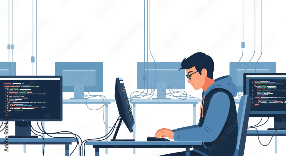 Wall mural focused software developer coding in bright office with multiple computer screens