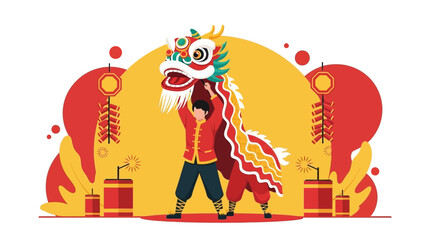 Naklejka premium Energetic Dragon Dance Celebrating Lunar New Year Cultural Performance