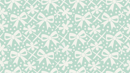 Delicate pattern featuring bows flowers crosses and dots on a light green background in a repeating design