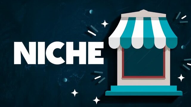 Niche market concept featuring small shop icon with bold text on dark background symbolizing specialized business strategy and unique customer focus for targeted market success