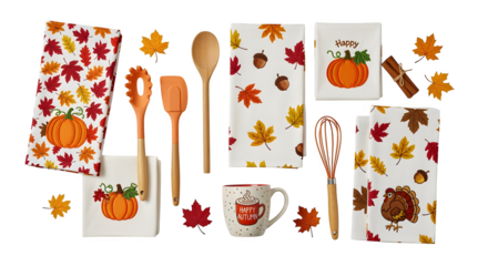 Cozy autumn coffee setup with ceramic mug, leaf-printed towel, pumpkin decoration, and cinnamon stick, isolated on white background