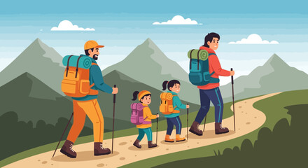 Fototapeta premium Family Adventure Together: Hiking In The Mountains Outdoors With Backpacks