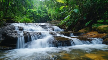 Cascading waterfall in tropical rainforest  
