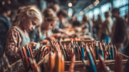 Children explore creativity with colorful pencils at a vibrant art event in a busy urban space during a sunny afternoon