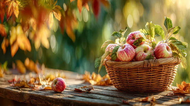 Harvest celebration with fresh apples in a wicker basket amidst autumn leaves at sunset in a rustic orchard