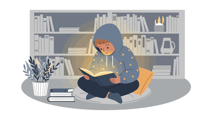 Enjoying Cozy Night Reading With Glowing Book In Front Of Bookshelves