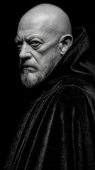 Fototapeta premium Mysterious figure immersed in shadows wearing a dramatic cloak at an unidentified location evoking an aura of intrigue and wisdom