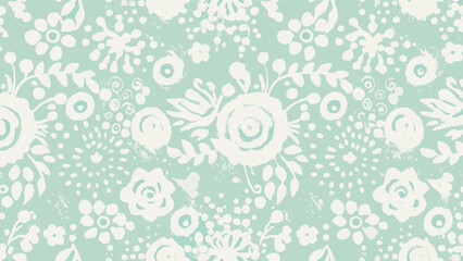 Floral pattern with white flowers and leaves on a light green background in a seamless design style
