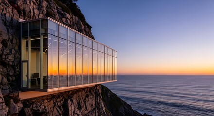 Modern glass building cantilevered from a rugged cliff overlooking a serene ocean at vibrant sunset. Unique architecture and stunning nature view