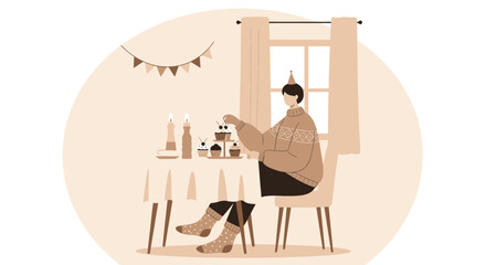 Fototapeta premium Enjoying Sweet Treat: Minimalist Birthday Celebration Illustration For Festive Moment