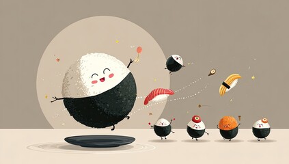 Cute cartoon sushi characters jumping and floating