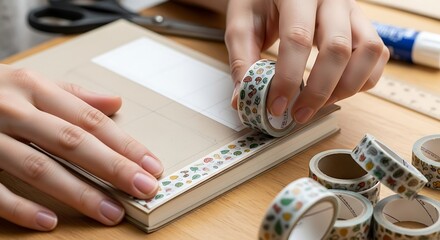 Creative hands decorating a journal with decorative washi tape for a personalized touch