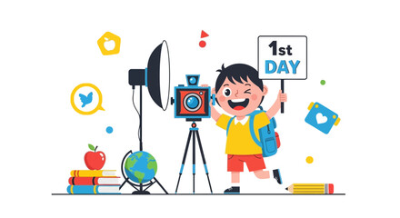 Fototapeta premium Enthusiastic Boy Celebrating First Day Of School With Creative Camera Setup