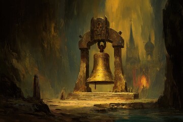 Ancient golden bell in a cavernous, dimly lit, mystical landscape