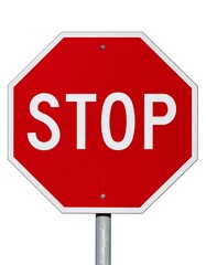 Octagonal red sign with white lettering on a post against a white background (1)