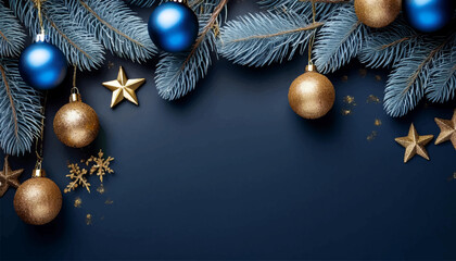 Christmas blue background with red and gold baubles, pine branches, and stars. Xmas greeting card design, New Year banner template.