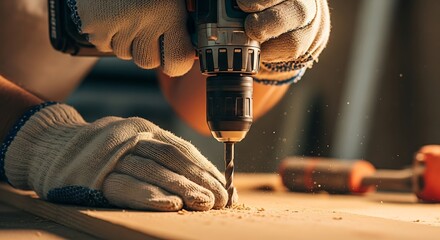 Hands carefully drilling into wood with power tool for precise craftsmanship project