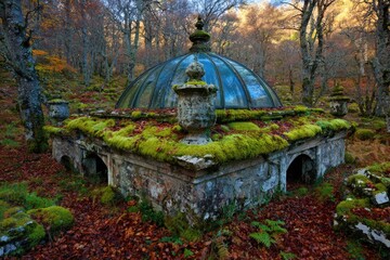 Moss-covered, stone structure with glass dome in autumnal forest