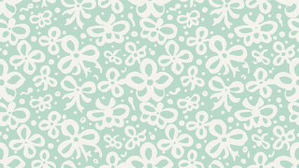 Floral and bow pattern with light blue background and white shapes in a repeating design aesthetic