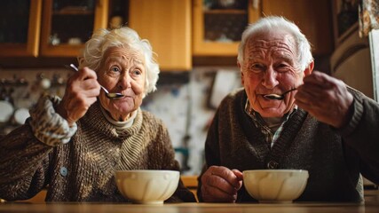 Elderly couple enjoying homemade soup in cozy kitchen sharing warm smiles comfort and laughter with soft lighting and knitted sweaters on relaxed senior day - Powered by Adobe