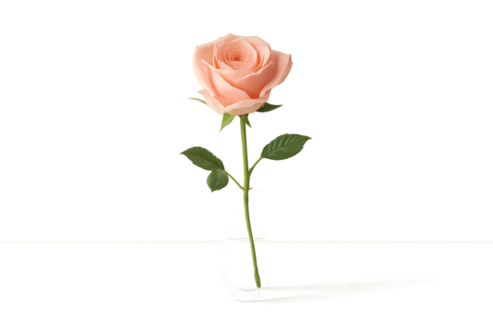 Single pale pink rose with leaves isolated on transparent background