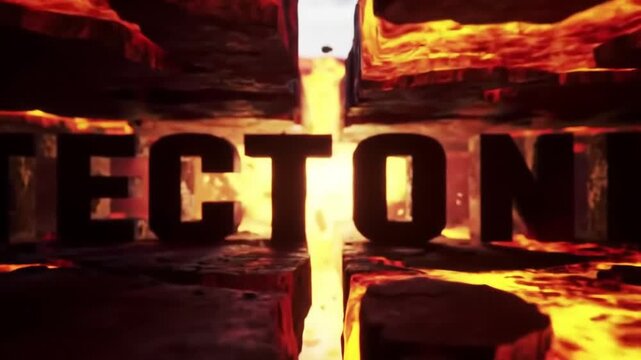 Tectonic Plates Grind Beneath Surface, Cracking Text Into Jagged Rock Segments &ndash; Earthquake And Geology Animation

