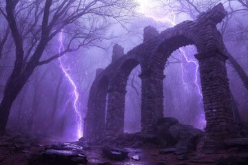 Ancient stone archway in a misty, stormy forest