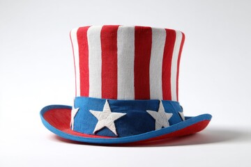 A patriotic top hat with red and white stripes and a blue band adorned with white stars stands on a white background