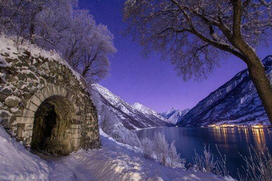 Snowy tunnel archway, twilight mountain lake