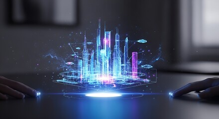 Futuristic city hologram projection technology on table, modern urban landscape and architecture with artificial intelligence and virtual reality display for innovative design and presentation