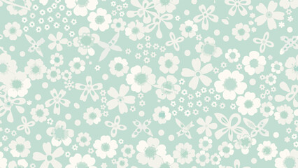Floral pattern with white flowers and small dots on a light green background creating a soft design