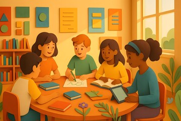 Fototapeta premium Group of children studying at a round table in a cozy classroom, surrounded by books and natural light in warm orange tones.