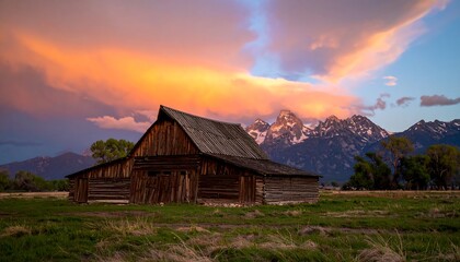 Rustic barn at sunset in the mountains