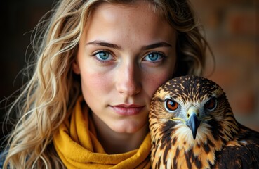 Woman with blue eyes and blonde hair holding a hawk close to her face