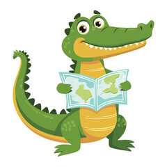 Cute Cartoon Alligator Reading A Tourist Map