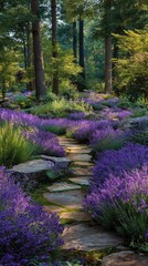 Sun-drenched lavender path through a garden