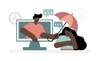 Online psychologist holds umbrella over woman. Way out of crisis situation. Vector flat illustration