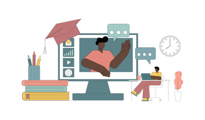 Online training with professional personal teacher. Vector flat illustration