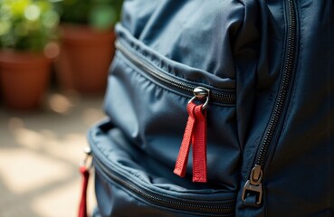 Close-up of a navy backpack with red zipper pulls and multiple compartments on a blurred outdoor background