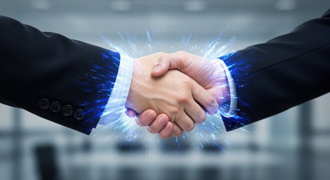 Closeup of two businessmen shaking hands with a bright blue energy spark effect symbolizing a successful deal and partnership