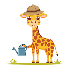 Giraffe Mascot In Cowboy Hat With Watering Can