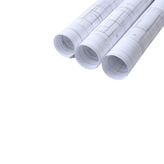 Fototapeta premium Rolled architectural blueprints displaying detailed technical drawings and plans, suggesting construction and design projects.