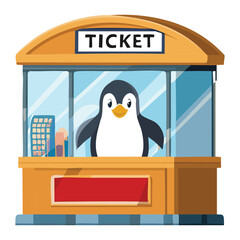Cartoon Penguin At Ticket Booth With Computer