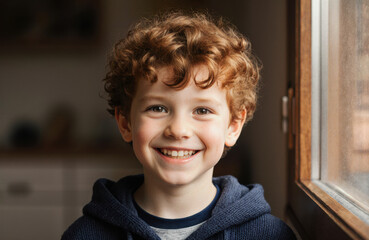 A smiling young boy with curly red hair standing near a window in a cozy indoor setting
