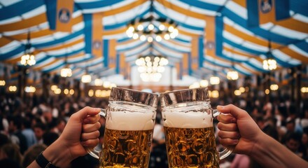 Toasting with beer mugs at Oktoberfest celebration in a tent