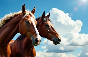 Naklejka premium Two horses with flowing manes stand side by side against a bright blue sky with fluffy clouds and sunlight